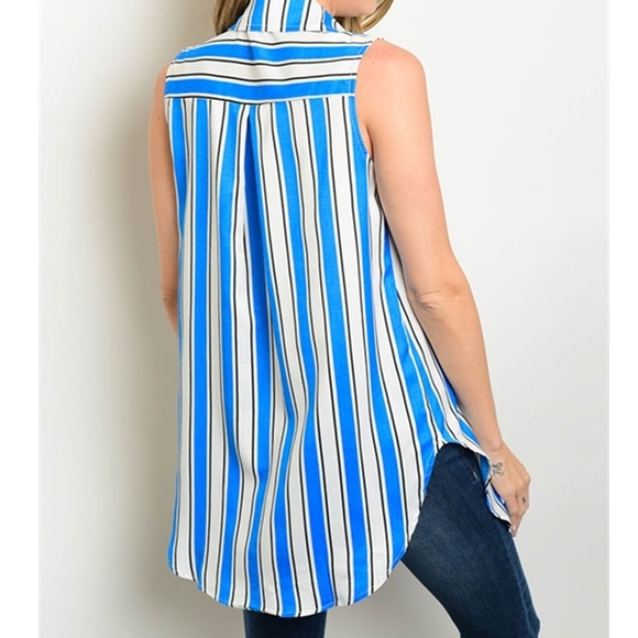 Blue and White Stripe Sleeveless Button Top - Picture 2 of 4